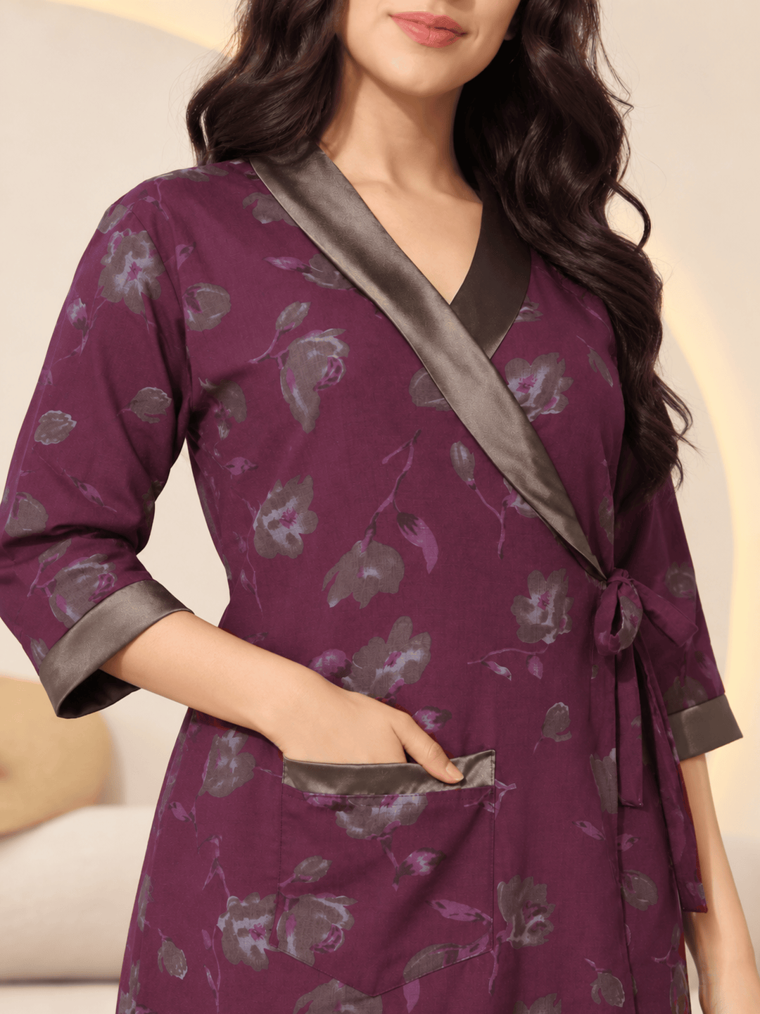Plum Orchid Floral Print House Coat for Women