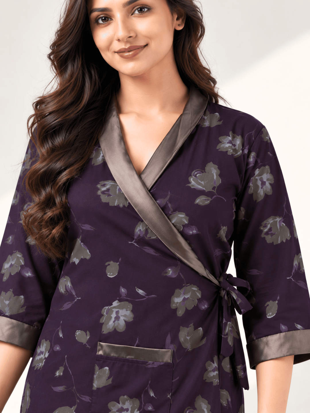 Dark Wine Floral Print Viscose Blend House Coat