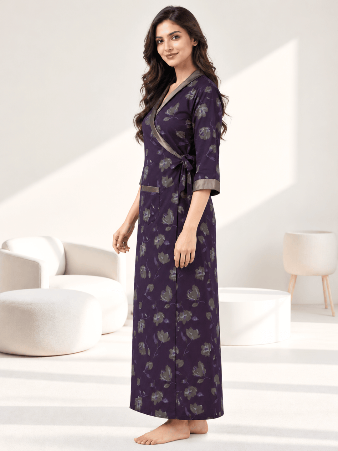 Dark Wine Floral Print Viscose Blend House Coat