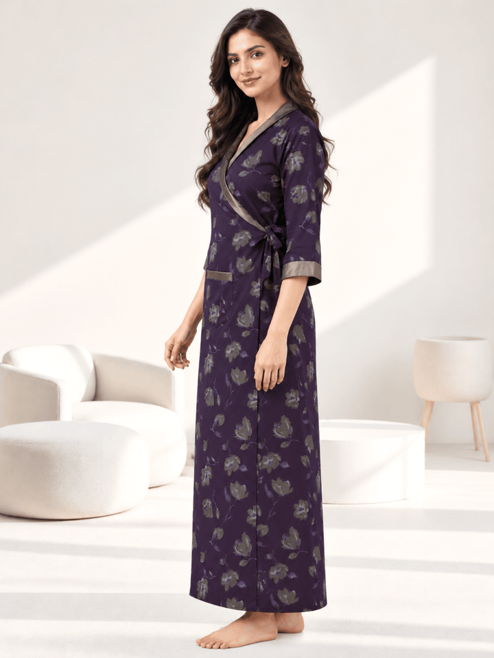 Dark Wine Floral Print Viscose Blend House Coat