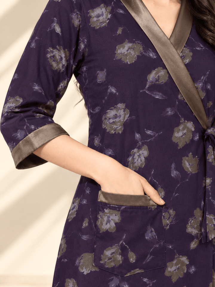 Dark Wine Floral Print Viscose Blend House Coat