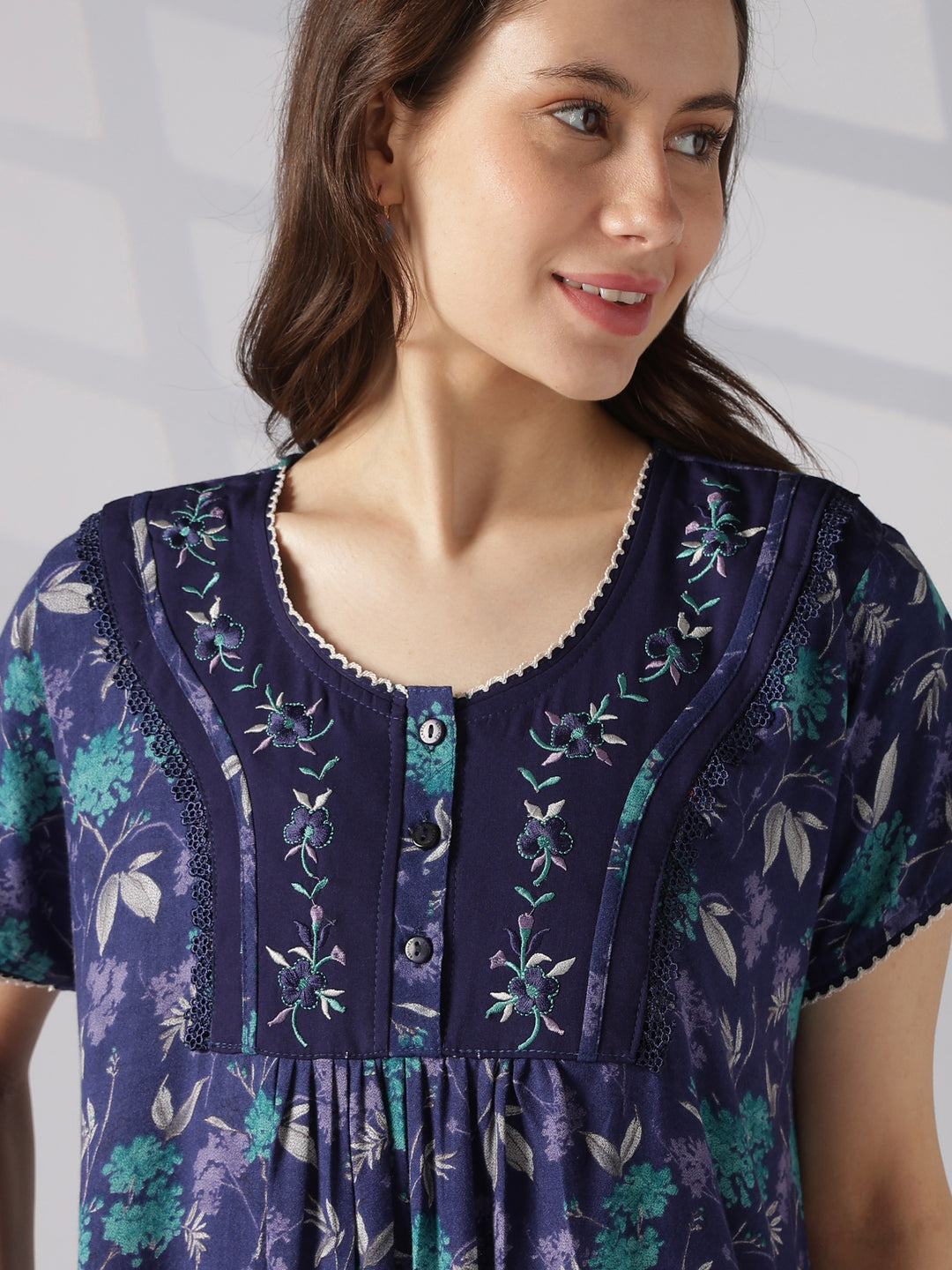 Floral Pleated Alpine Nighty for Women with Pocket and Buttons