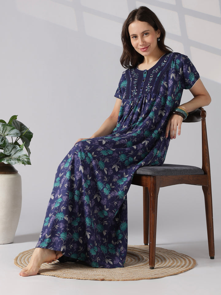 Floral Pleated Alpine Nighty for Women with Pocket and Buttons