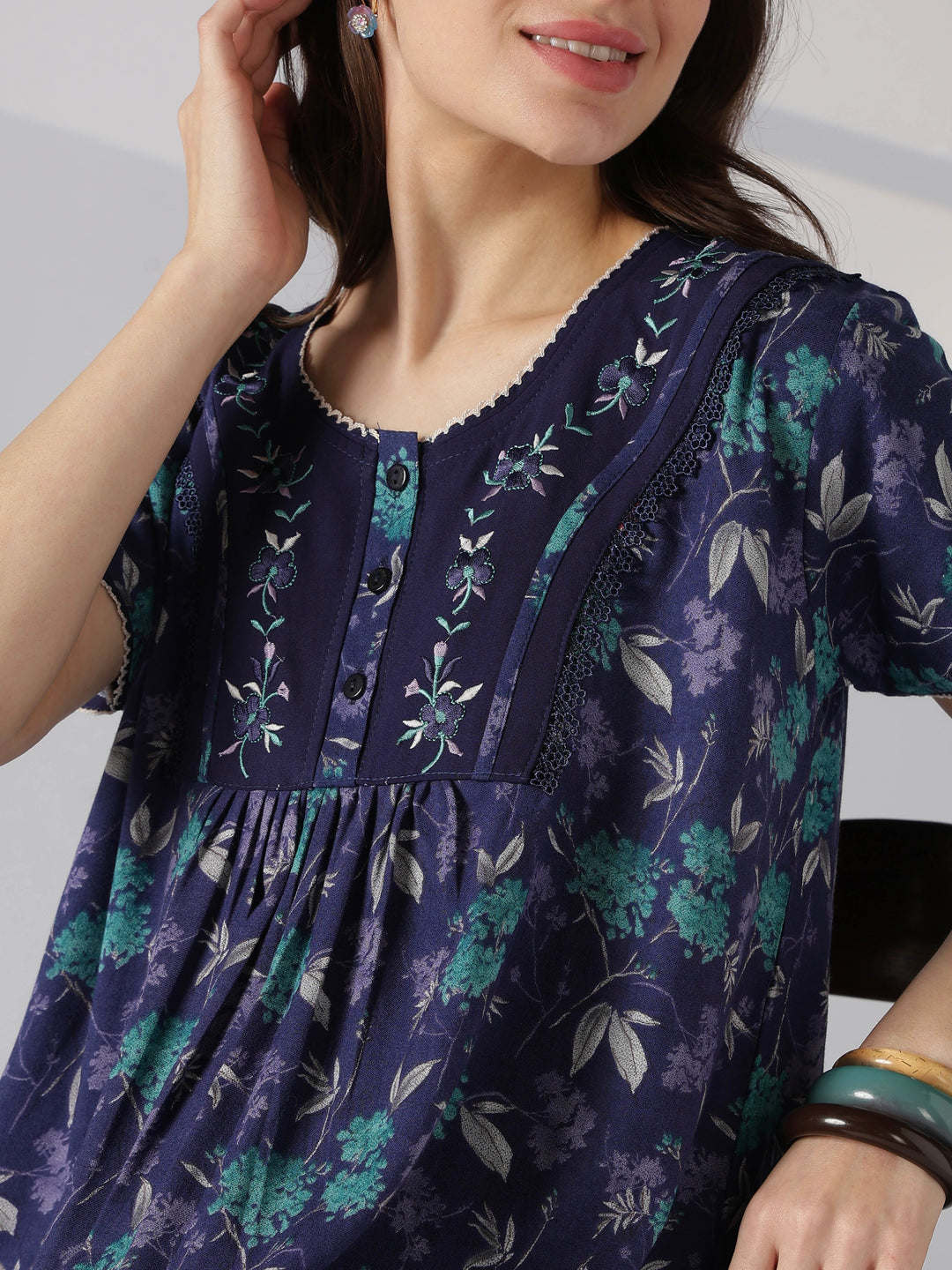 Floral Pleated Alpine Nighty for Women with Pocket and Buttons