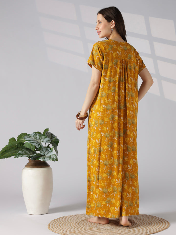 Botanical Print Alpine Nighty for Women with Pleated Fit