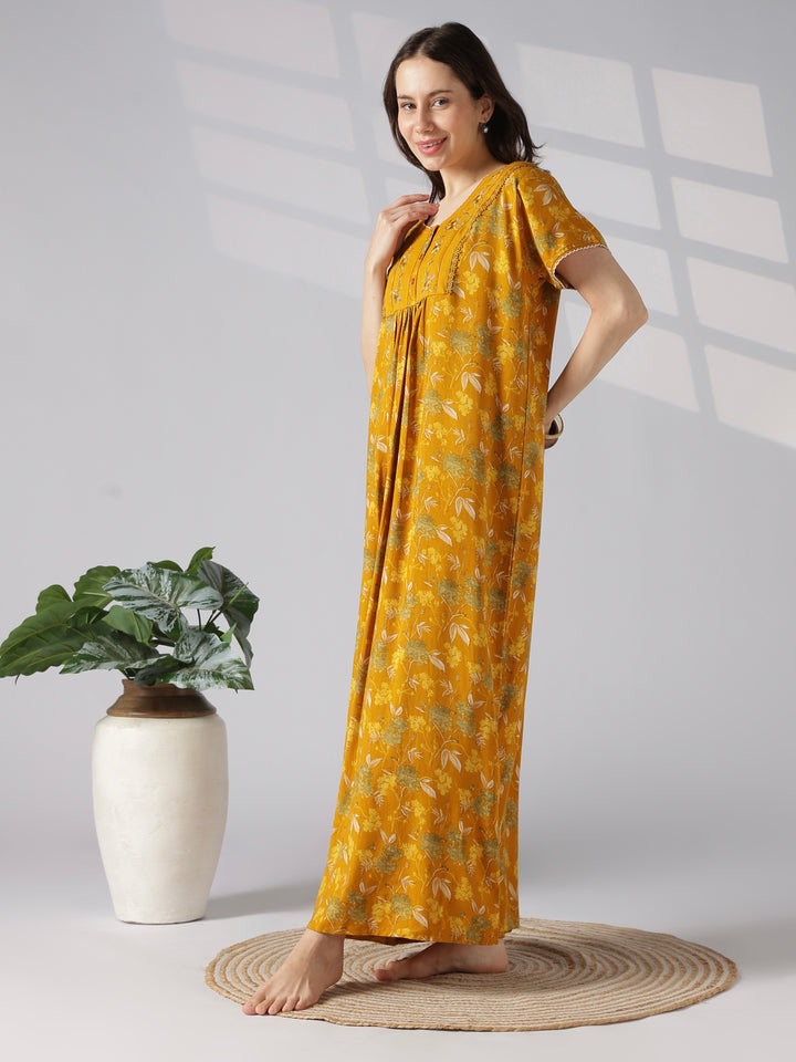 Botanical Print Alpine Nighty for Women with Pleated Fit