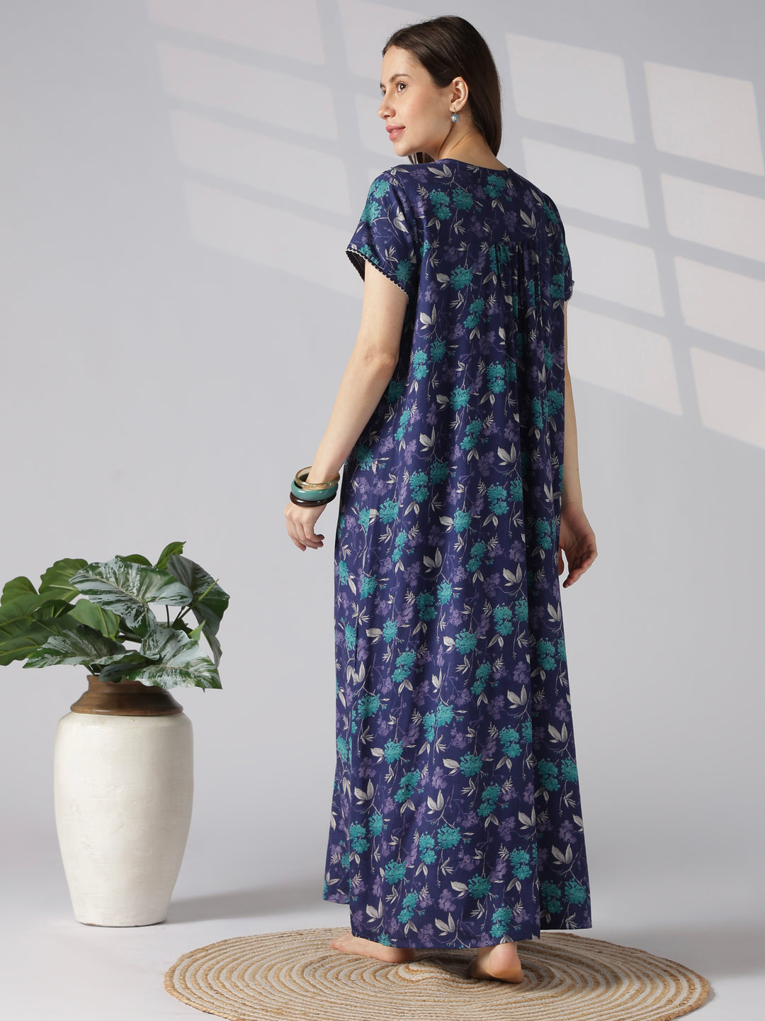 Floral Pleated Alpine Nighty for Women with Pocket and Buttons