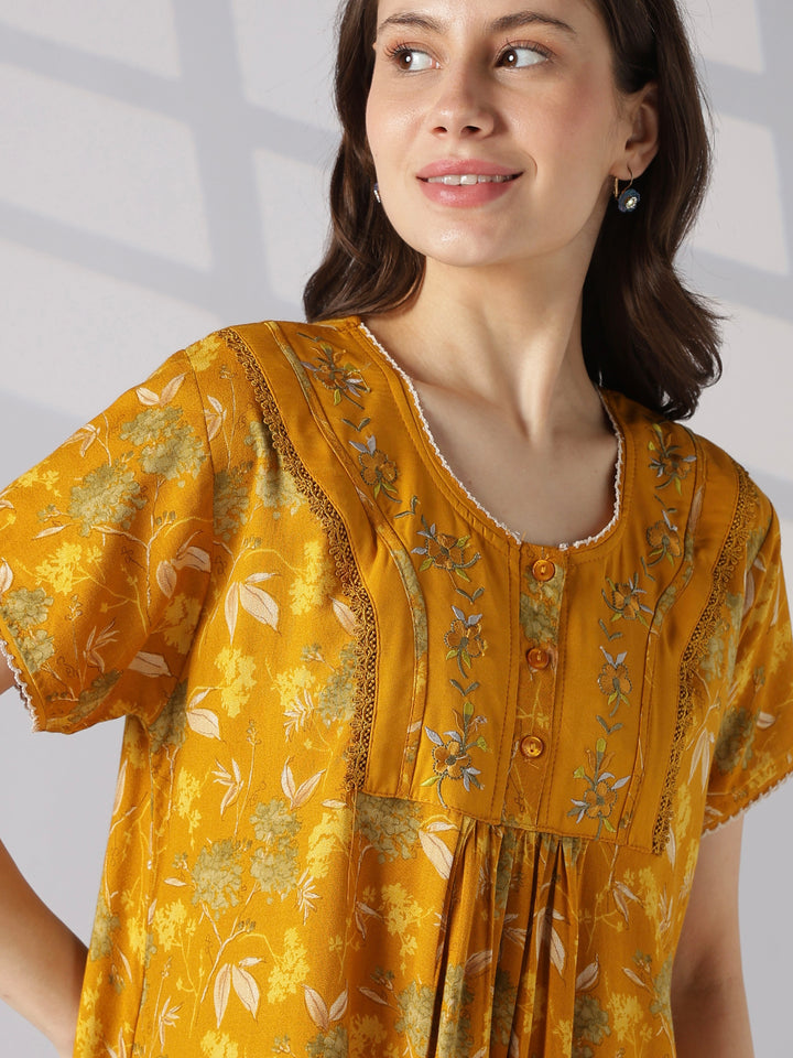 Botanical Print Alpine Nighty for Women with Pleated Fit