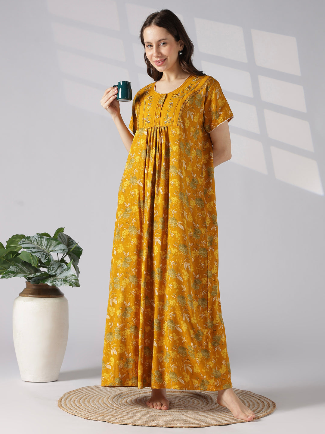 Botanical Print Alpine Nighty for Women with Pleated Fit