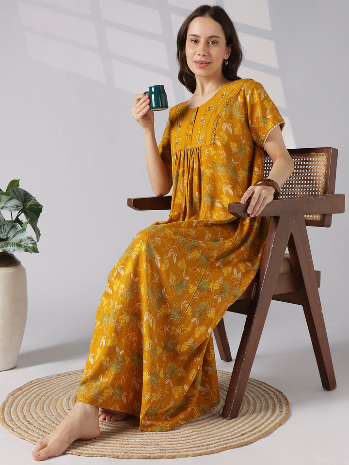 Botanical Print Alpine Nighty for Women with Pleated Fit