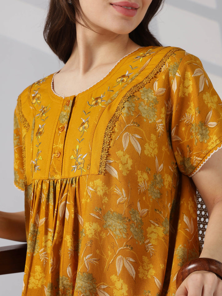 Botanical Print Alpine Nighty for Women with Pleated Fit