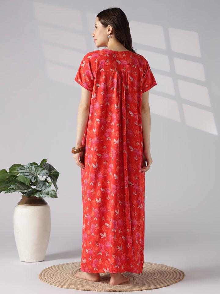 Pleated Floral Designer Nighty for Women in Alpine Fabric