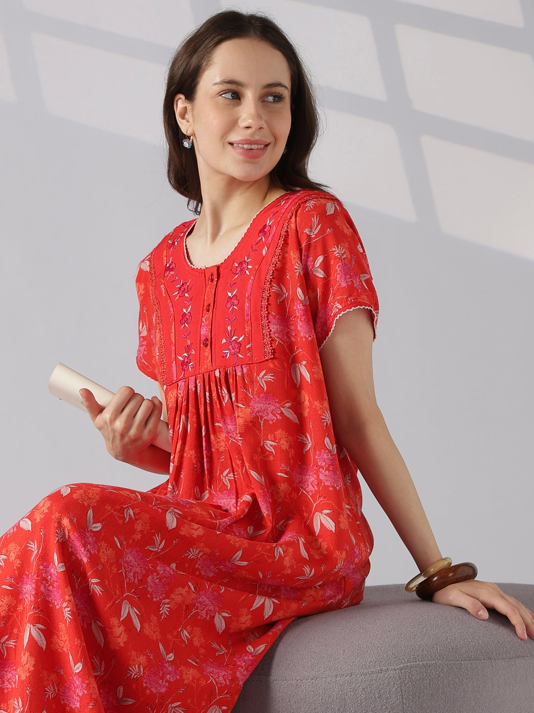 Pleated Floral Designer Nighty for Women in Alpine Fabric