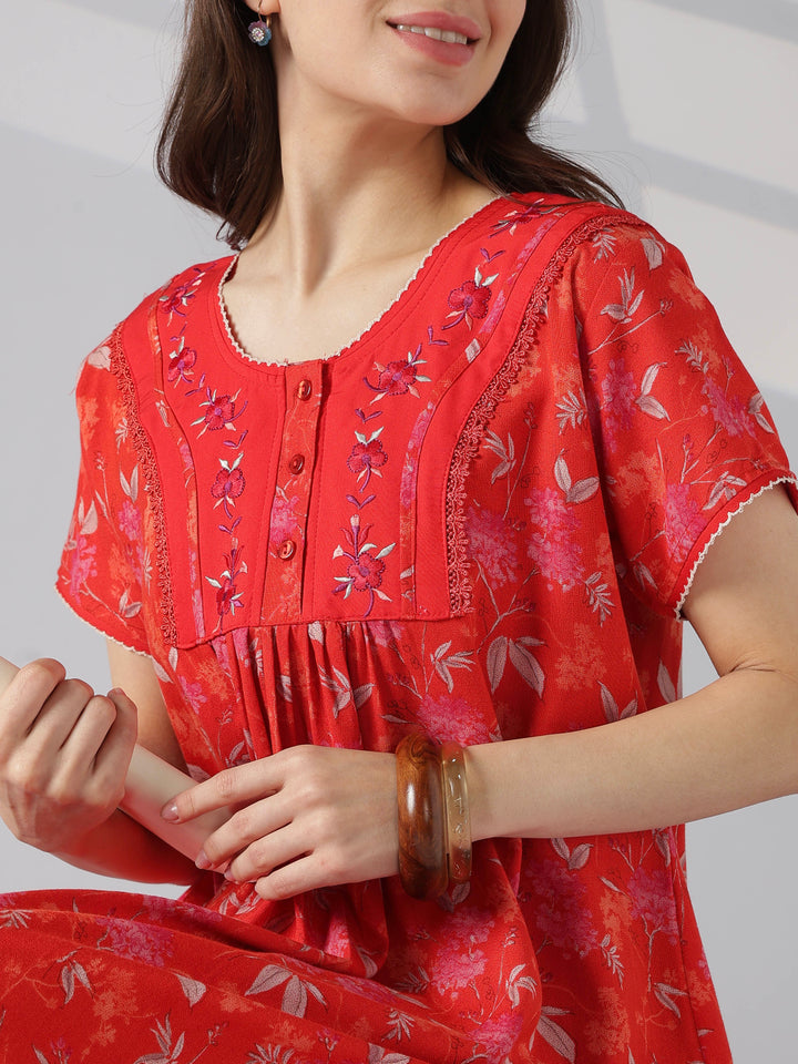 Pleated Floral Designer Nighty for Women in Alpine Fabric