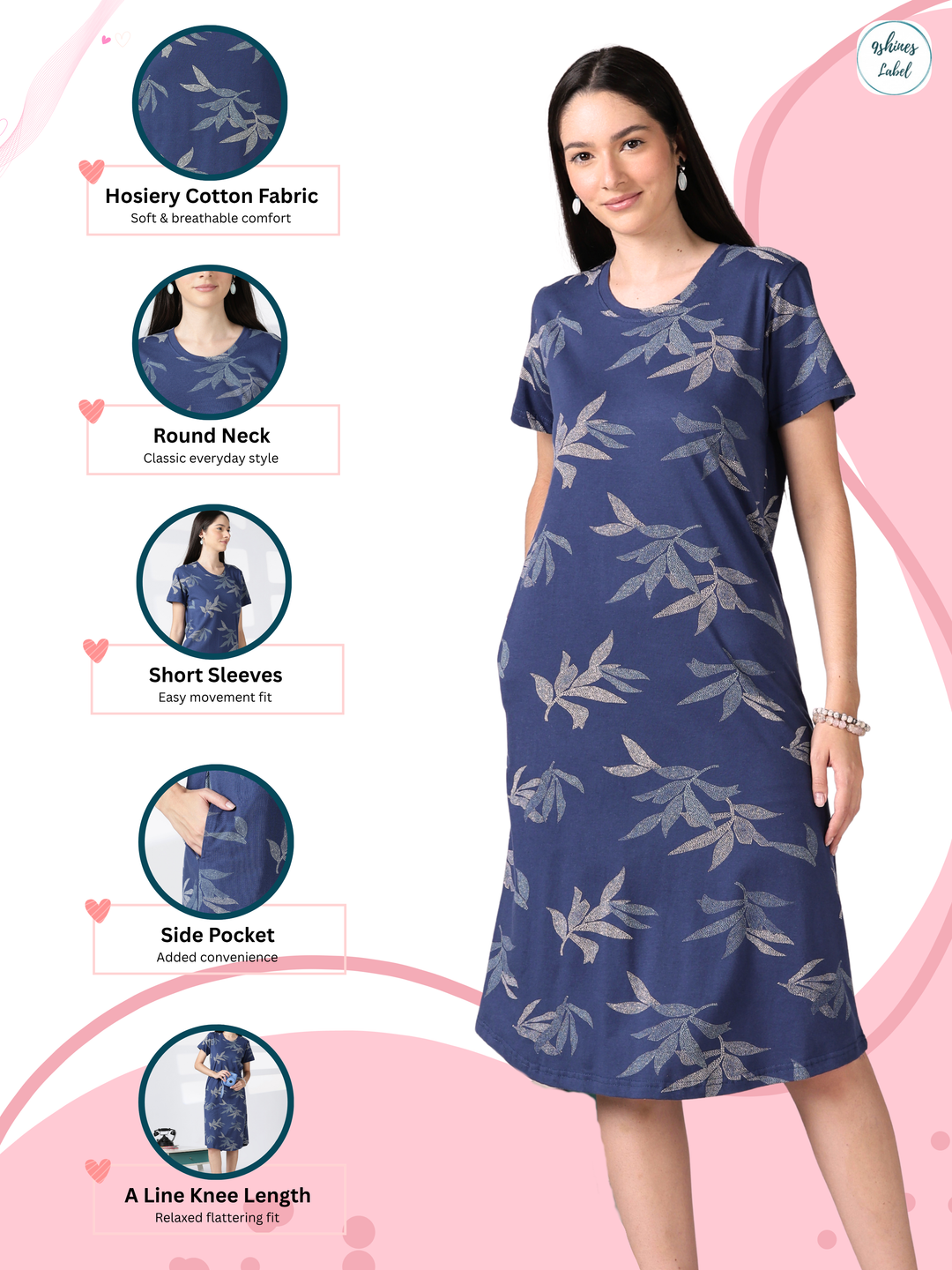 Blue Leaf Printed Cotton Short Nighty for Women Relaxed Fit