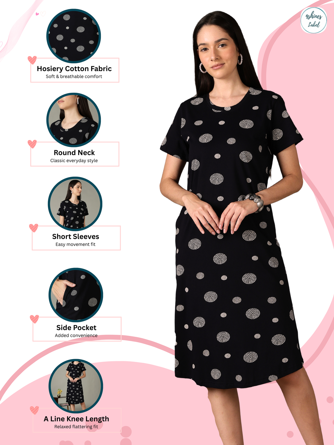 Black Dot Printed Cotton Short Nighty for Women Soft Comfort