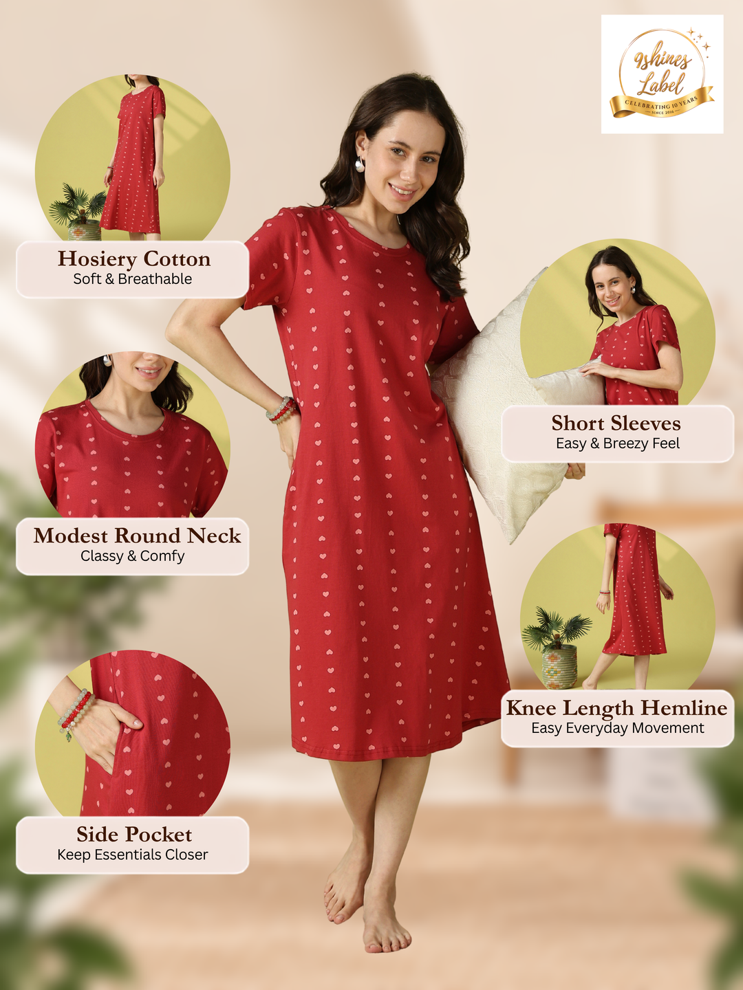 Cute Heart Print Cotton Short Nighty for Women Everyday Comfort