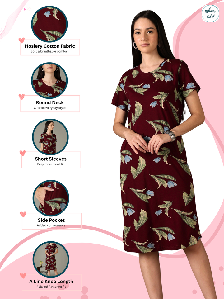 Wine Floral Cotton Short Nighty for Women Soft Breathable Fit