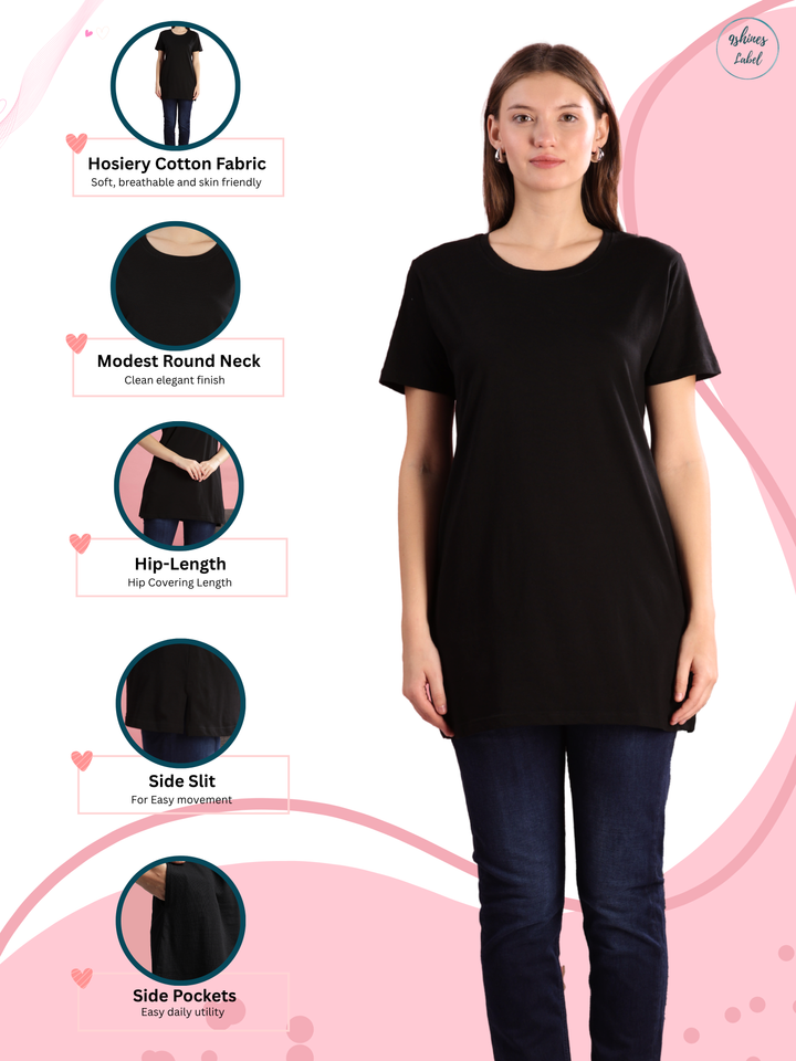 Long Black Cotton T-Shirt for Women with Side Pockets