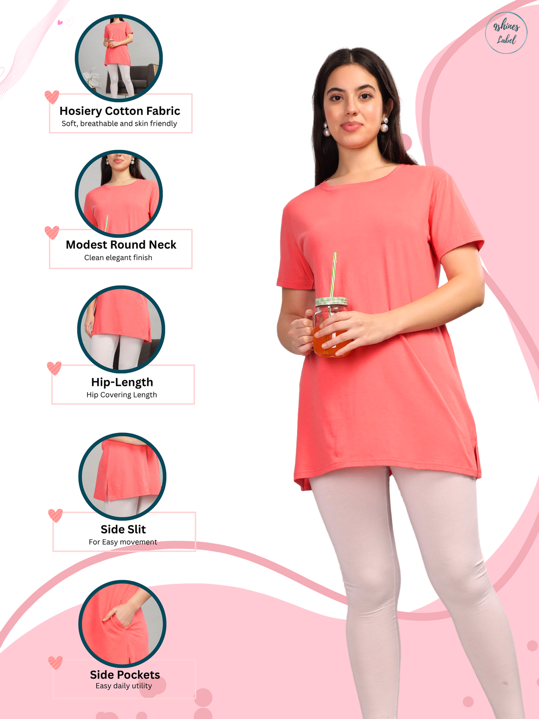 Coral Cotton Longline T-Shirt for Women with Comfy Fit