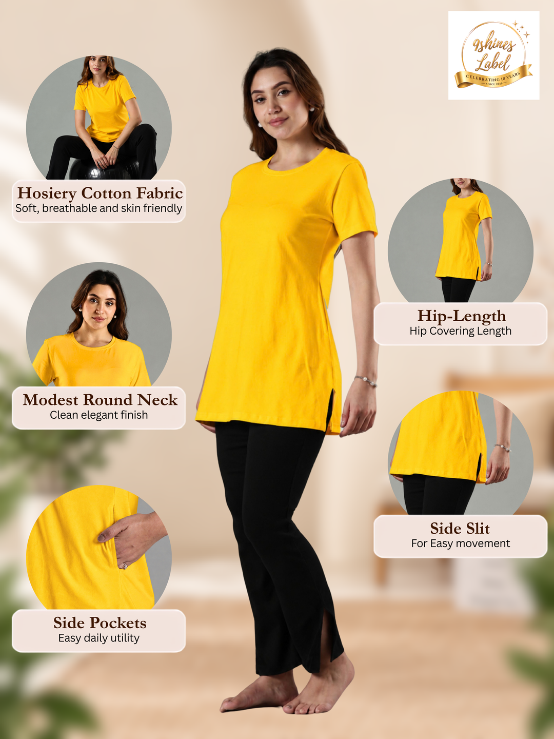 Fire Yellow Long T Shirt Nighty in Hosiery Cotton Comfort Fit
