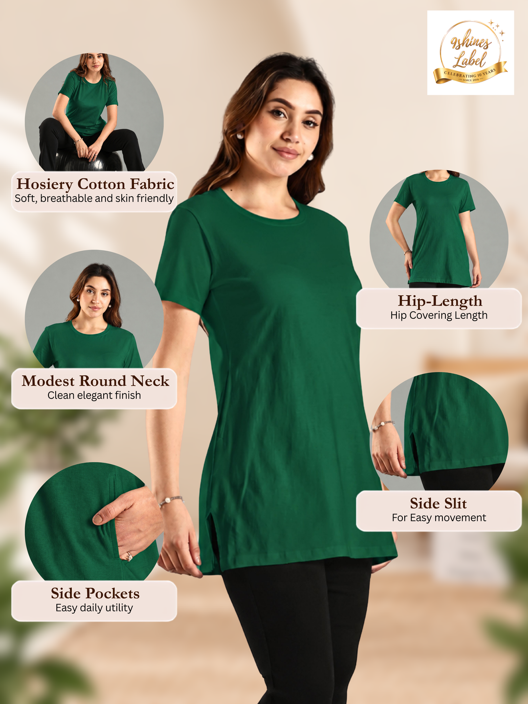 Green Hosiery Cotton Long T Shirt Nighty with Side Pocket