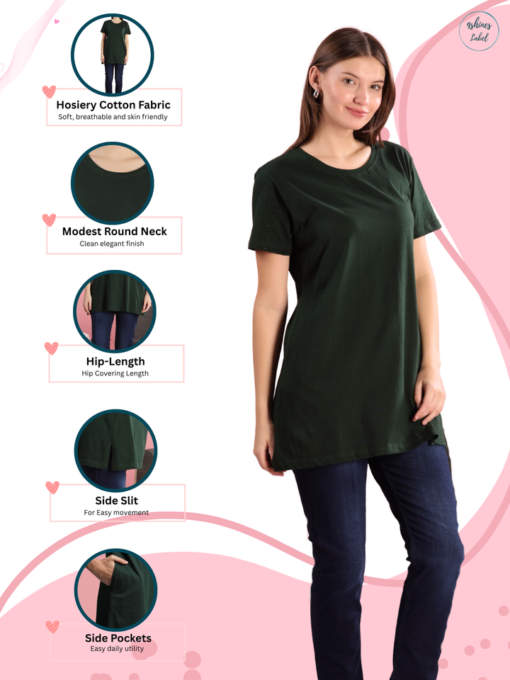 Hip Length Green Cotton T-Shirt for Women with Pockets