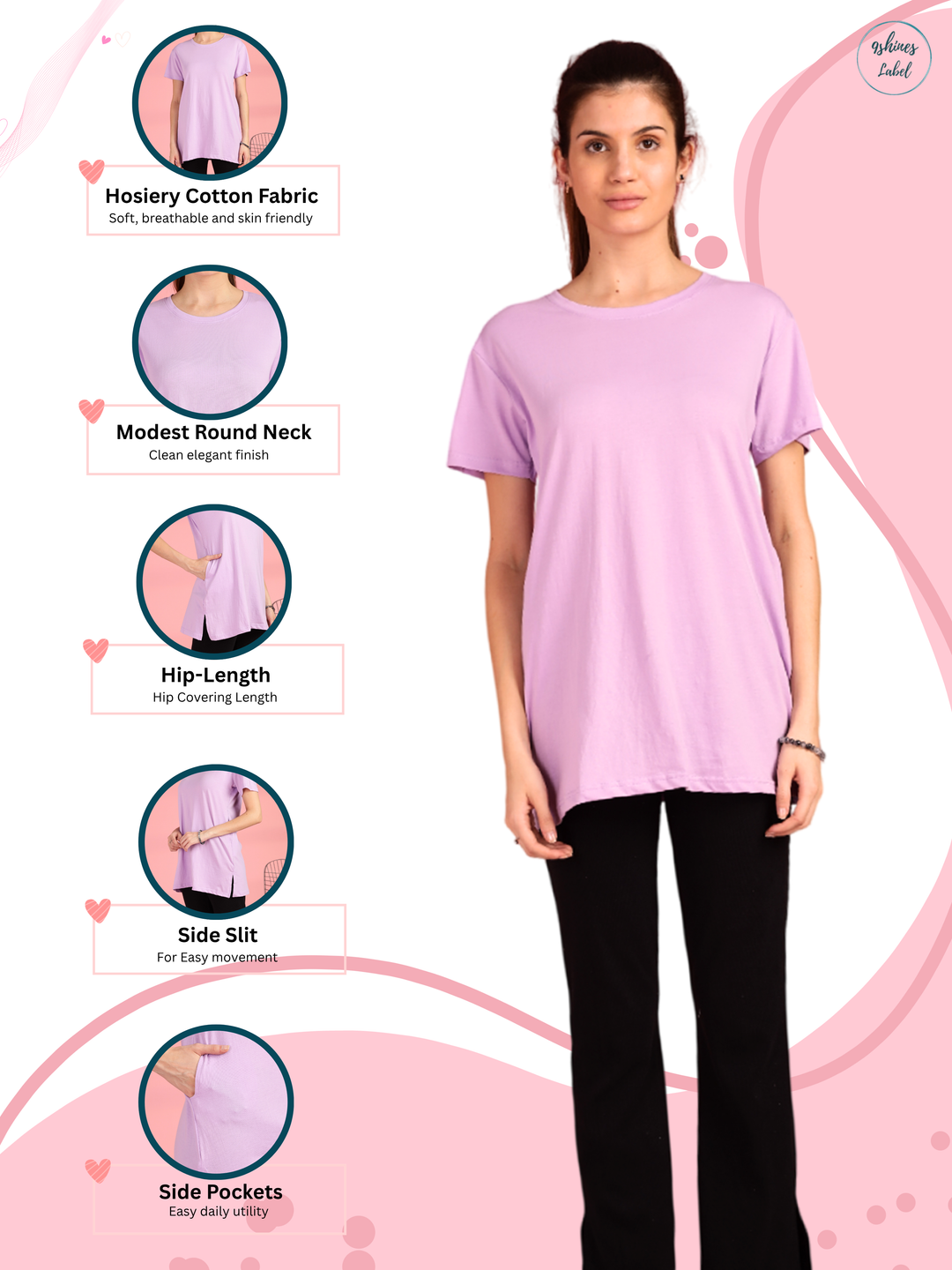 Lilac Long Cotton T-Shirt for Women with Two Pockets
