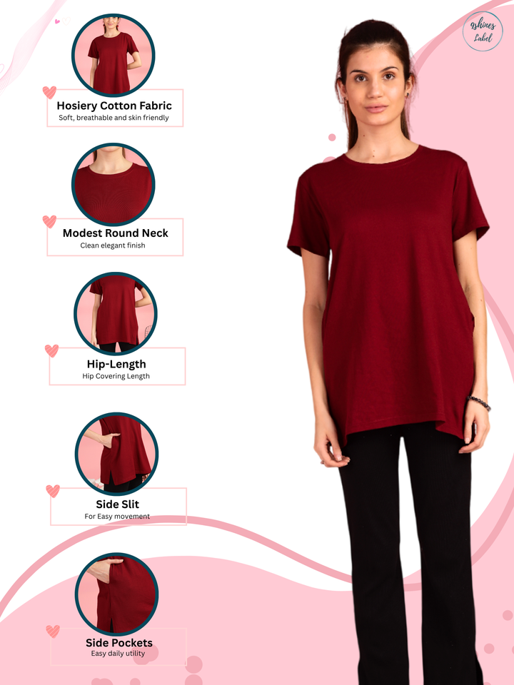 Maroon Cotton Longline T-Shirt for Women in Plus Sizes