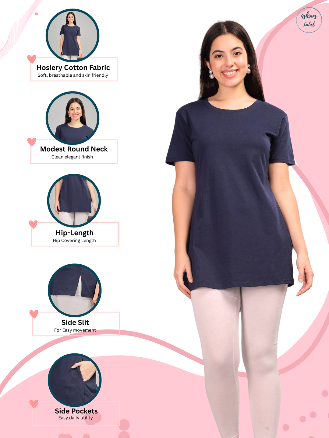 Navy Blue Long Cotton T-Shirt for Women with Side Slits