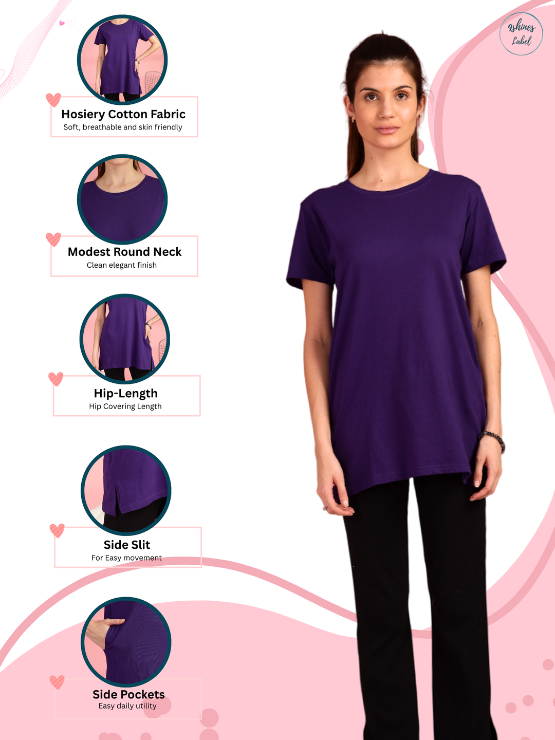 Purple Hip Covering Cotton T-Shirt for Women Lounge Wear