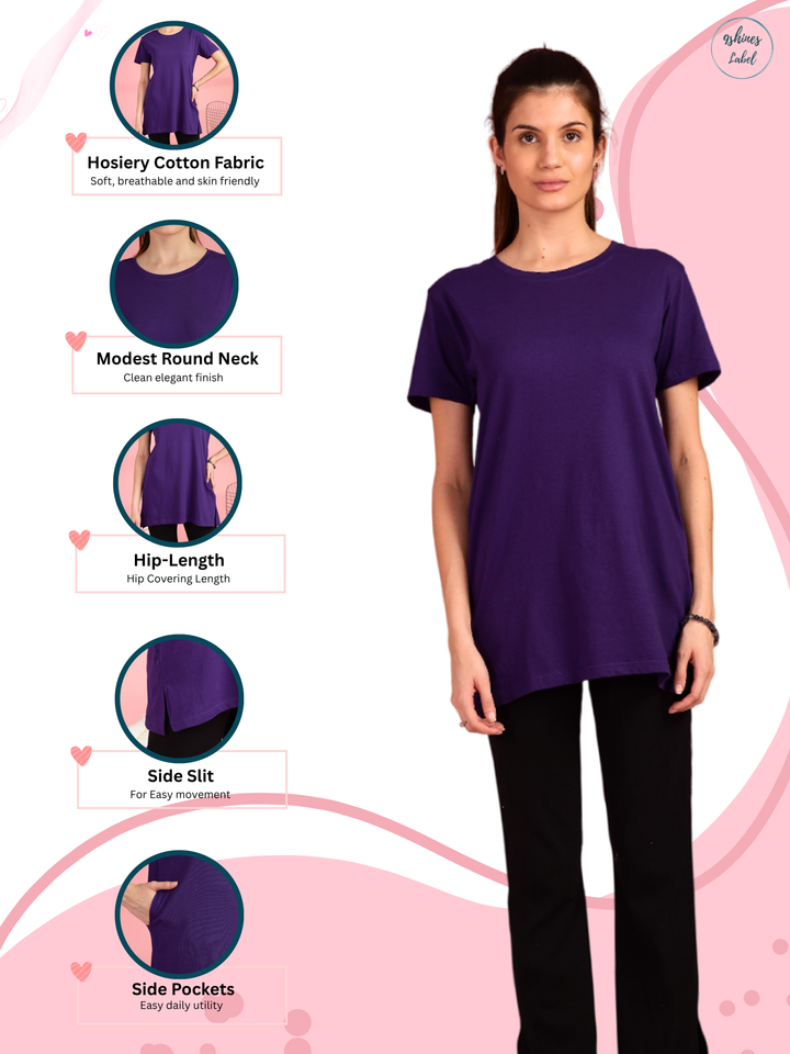 Purple Hip Covering Cotton T-Shirt for Women Lounge Wear