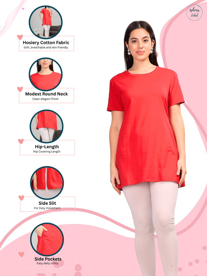 Red Cotton Long T-Shirt for Women with Round Neck