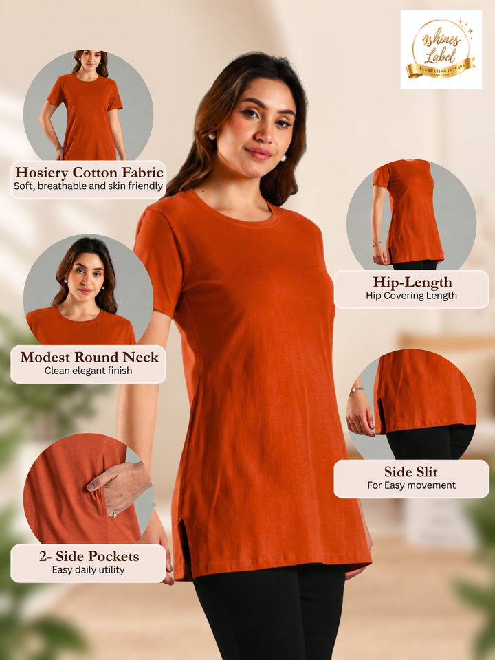 Orange Hosiery Cotton Hip Covering T Shirts For Women with Side Slits