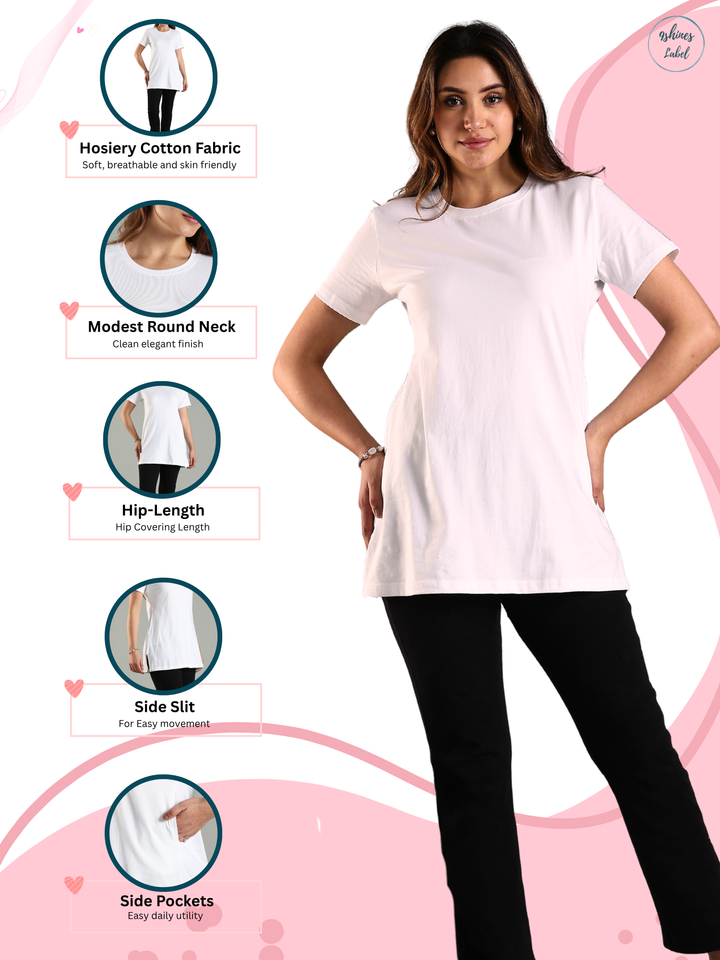 White Hip Covering Cotton T-Shirt for Women Lounge Wear