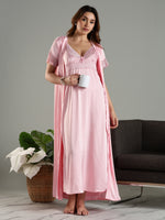 Satin Bridal Nightwear Set for Women Pink Color with Lace and Long Robe