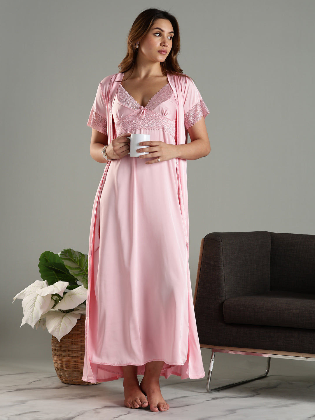 Lavishing Satin Nightwear Set for Women Long Robe Online