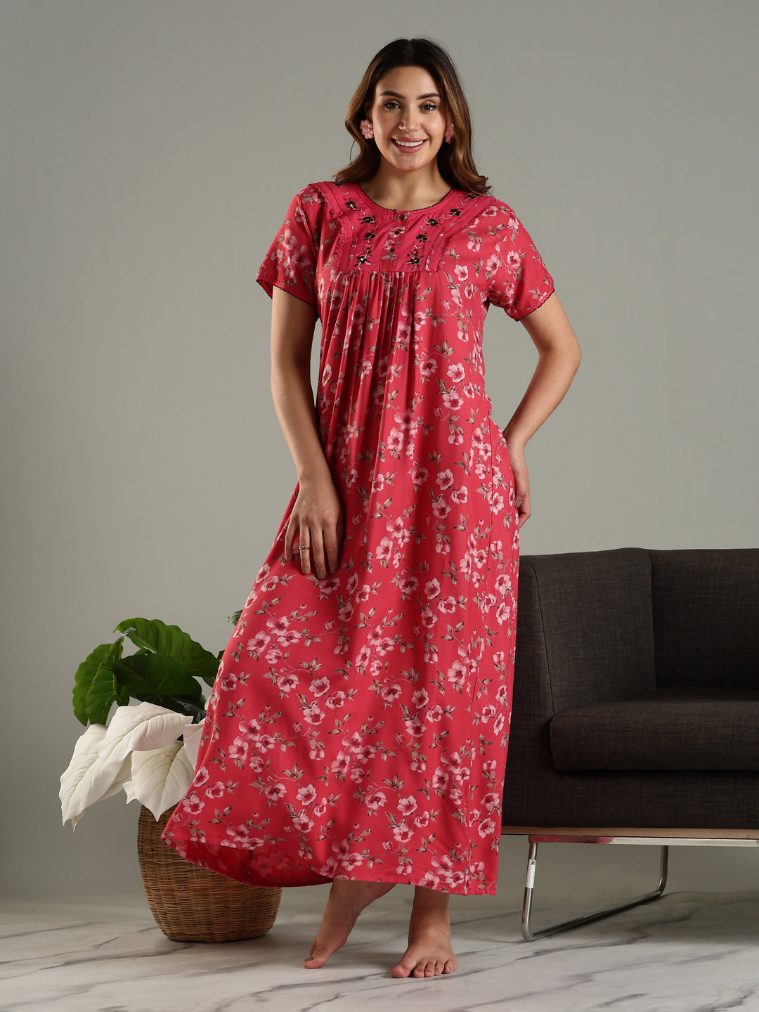 Alpine Designer Nighty in Floral Red Print for Women