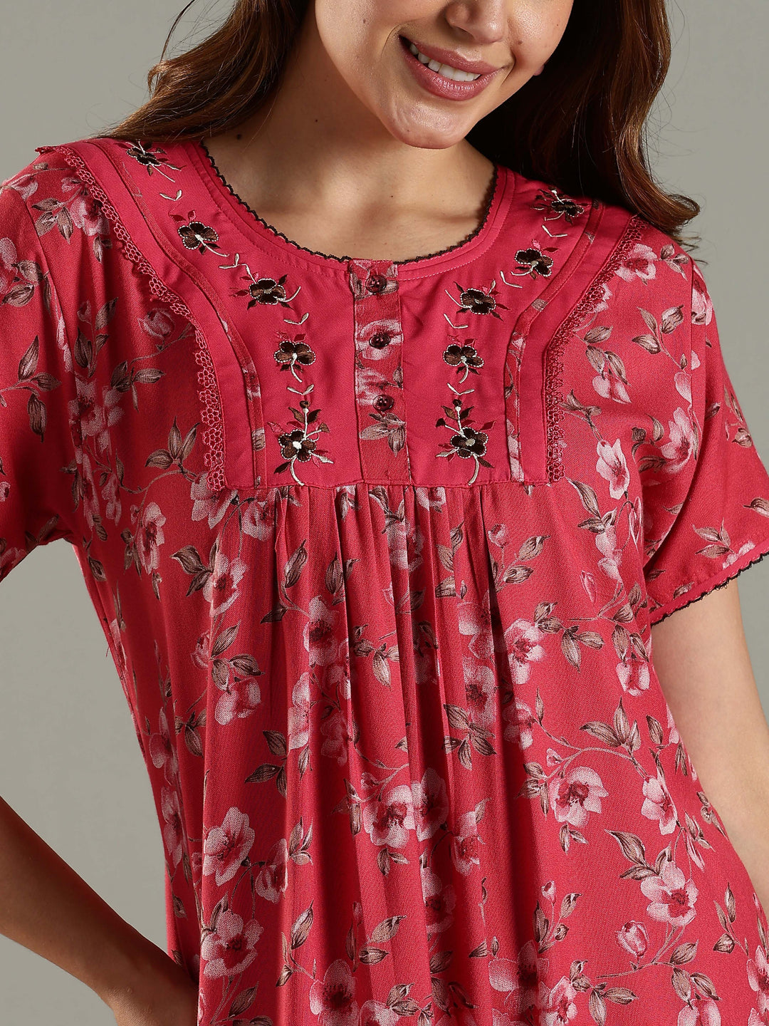 Alpine Designer Nighty in Floral Red Print for Women
