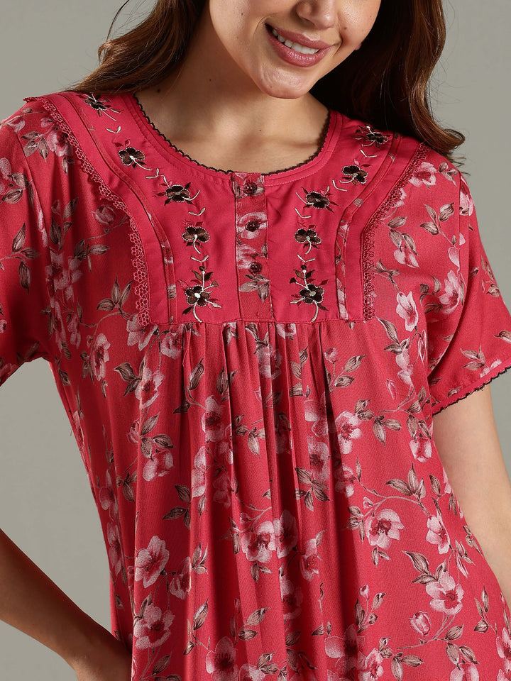 Alpine Designer Nighty in Floral Red Print for Women