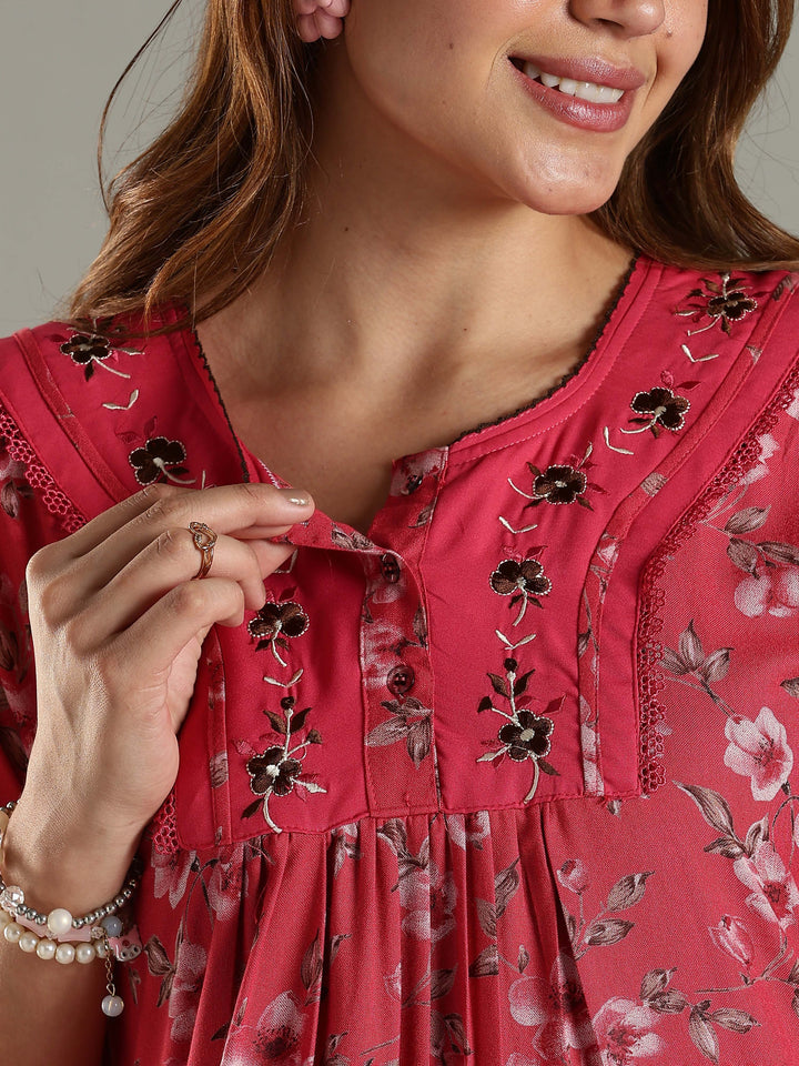 Alpine Designer Nighty in Floral Red Print for Women