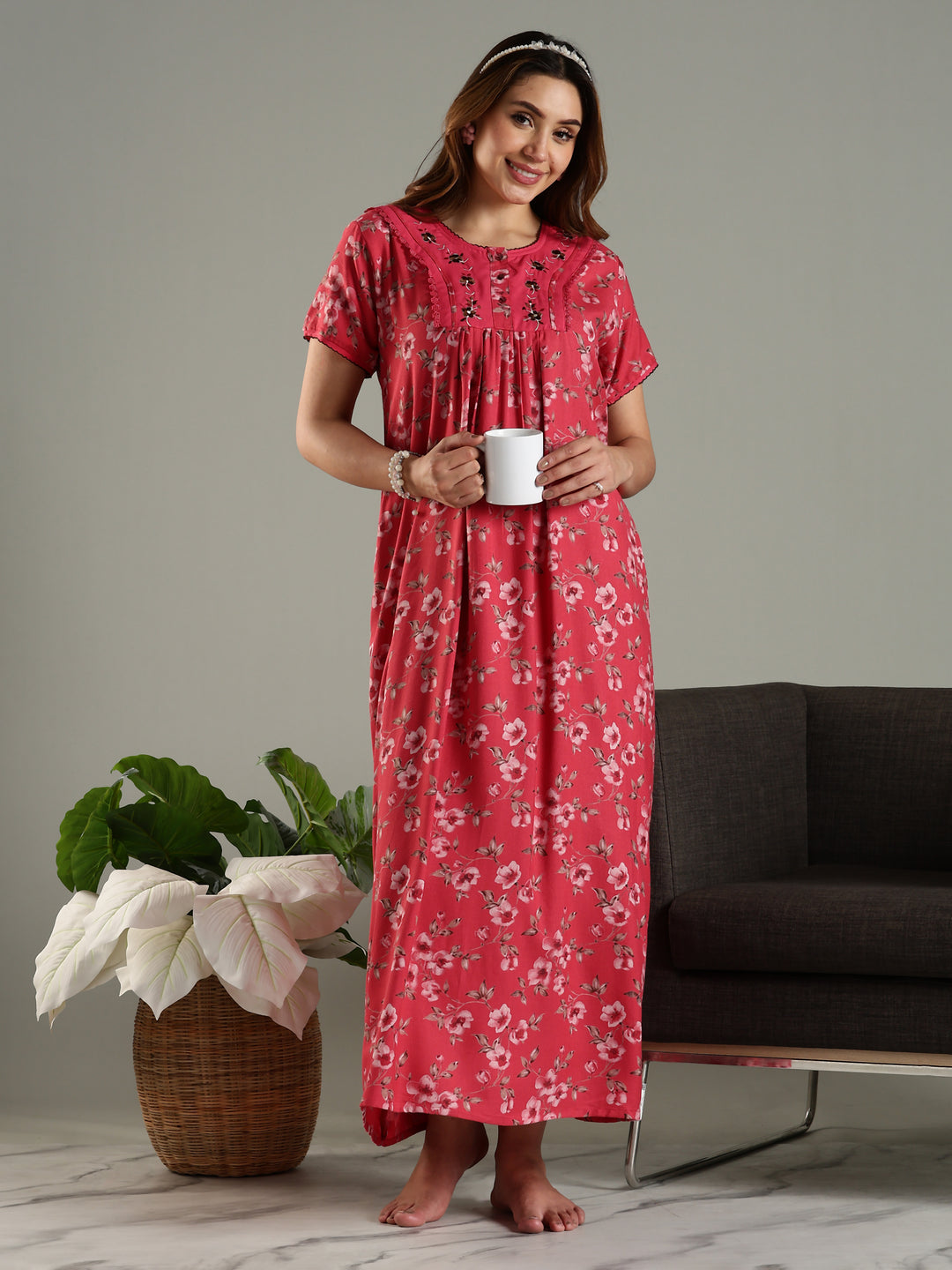 Alpine Designer Nighty in Floral Red Print for Women