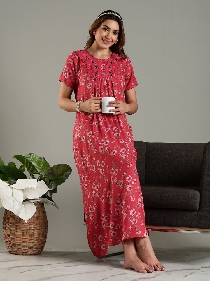 Alpine Designer Nighty in Floral Red Print for Women