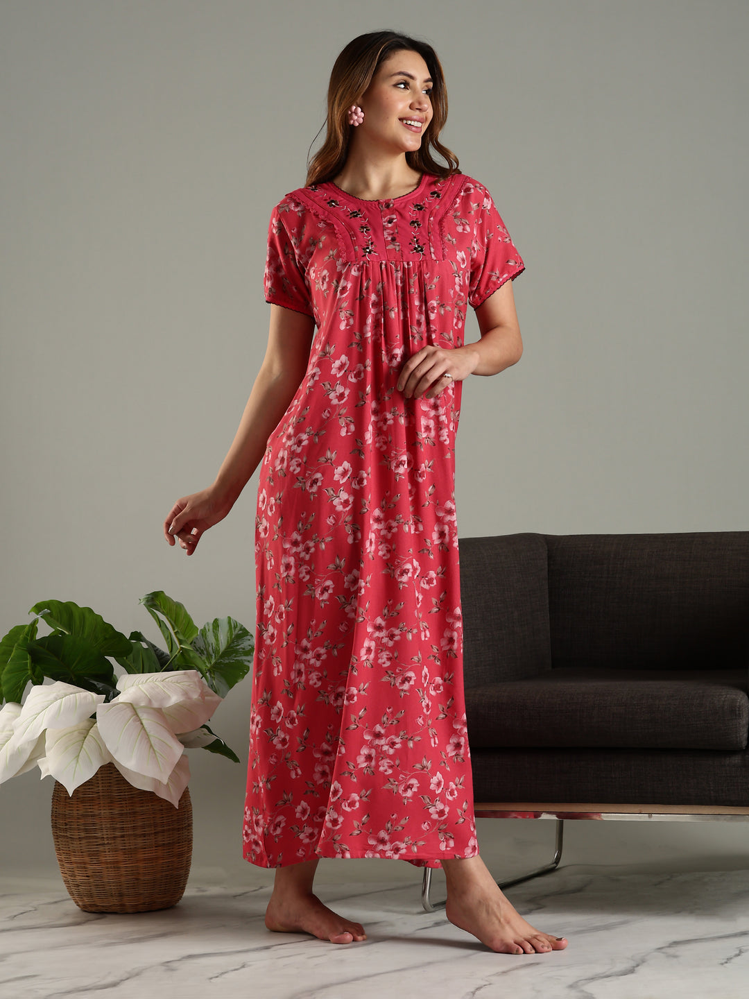 Alpine Designer Nighty in Floral Red Print for Women