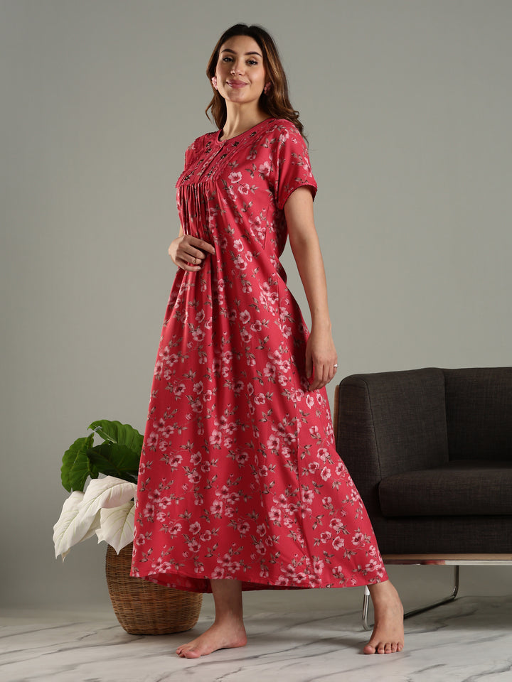 Alpine Designer Nighty in Floral Red Print for Women