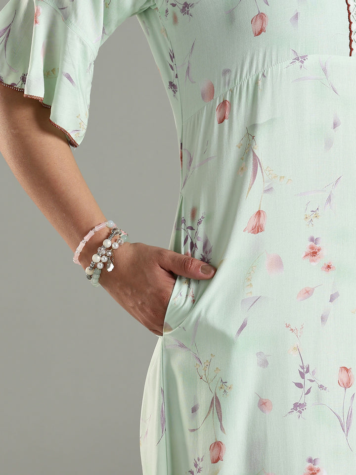 Classy Green Rayon Floral Print Nighty for Women