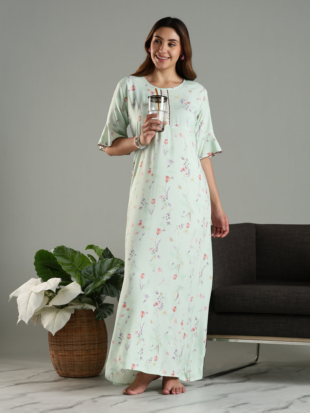 Classy Green Rayon Floral Print Nighty for Women