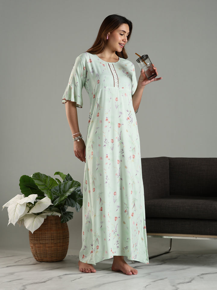 Classy Green Rayon Floral Print Nighty for Women