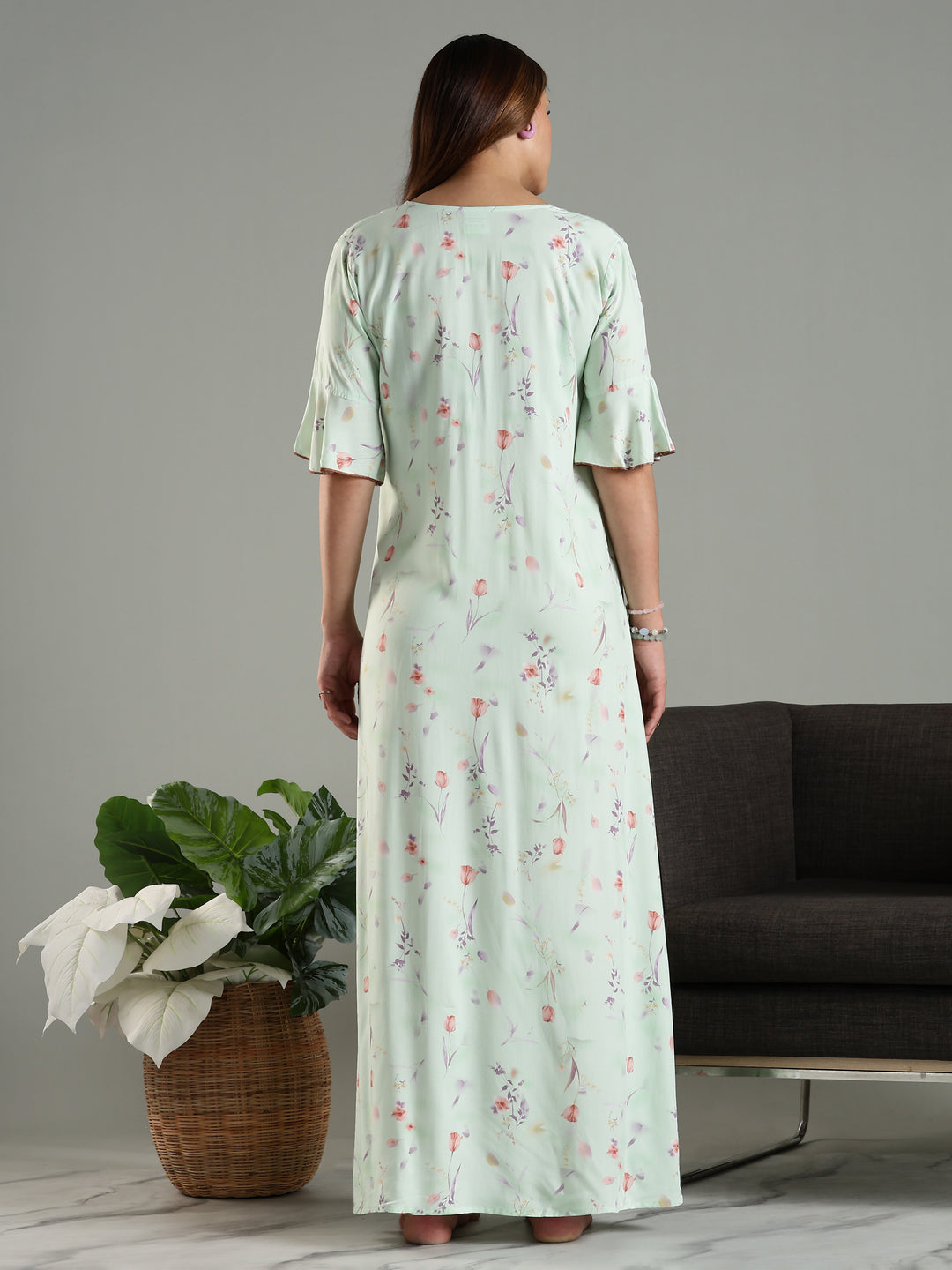 Classy Green Rayon Floral Print Nighty for Women