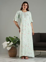 Green Rayon Nightdress with Floral Prints and 3/4 Sleeves
